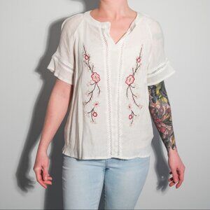 Boho White Embroidered Blouse with Flowers